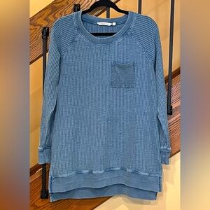 Soft Surroundings Top Tunic Waffle Knit Front Pocket Washed Denim Blue SZ. Med